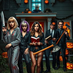 A super realistic Halloween scene featuring a blonde woman with a Chanel-inspired short fringe, wearing a blood-stained pajama and holding a large machete