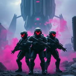 A dynamic scene featuring three soldiers clad in futuristic, high-tech armor, standing in an aggressive attack formation, each gripping heavy rifles