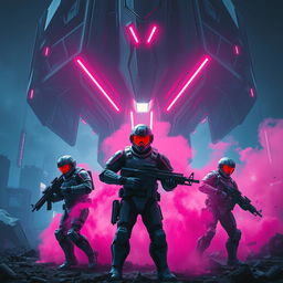 A dynamic scene featuring three soldiers clad in futuristic, high-tech armor, standing in an aggressive attack formation, each gripping heavy rifles