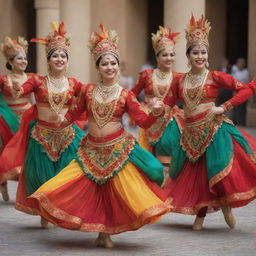 Create an image of dancers in festive costumes. Their outfits should be vibrant and elaborate, reflecting different cultures' interpretations of festive wear. The dancers are mid-movement in a joyful dance, the energy infectious and uplifting.