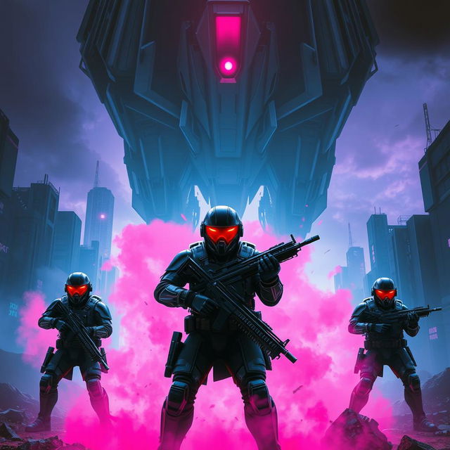 A dynamic scene featuring three soldiers clad in futuristic, high-tech armor, standing in an aggressive attack formation, each gripping heavy rifles