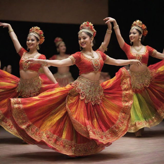 Create an image of dancers in festive costumes. Their outfits should be vibrant and elaborate, reflecting different cultures' interpretations of festive wear. The dancers are mid-movement in a joyful dance, the energy infectious and uplifting.