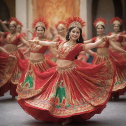 Create an image of dancers in festive costumes. Their outfits should be vibrant and elaborate, reflecting different cultures' interpretations of festive wear. The dancers are mid-movement in a joyful dance, the energy infectious and uplifting.