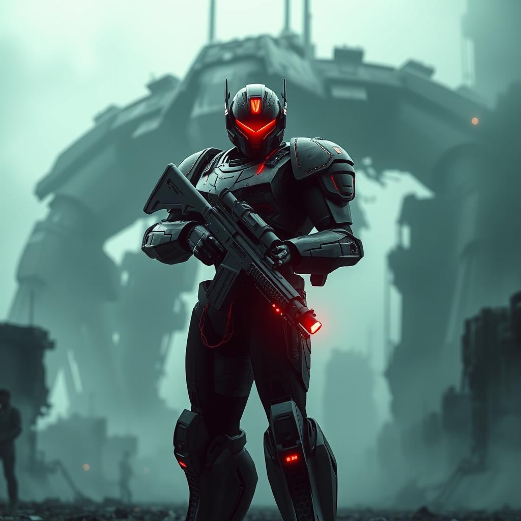 A striking image of a single robot clad in futuristic, high-tech armor, positioned in an imposing stance while holding a large rifle