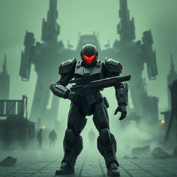 A striking image of a single robot clad in futuristic, high-tech armor, positioned in an imposing stance while holding a large rifle