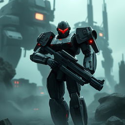 A striking image of a single robot clad in futuristic, high-tech armor, positioned in an imposing stance while holding a large rifle