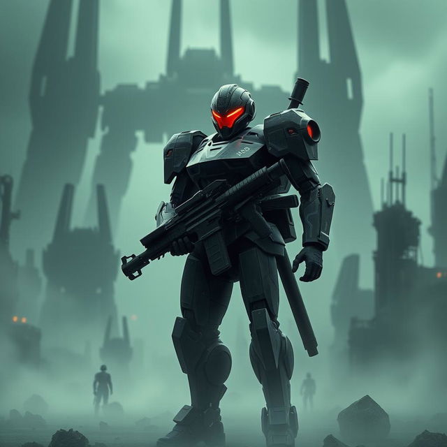 A striking image of a single robot clad in futuristic, high-tech armor, positioned in an imposing stance while holding a large rifle