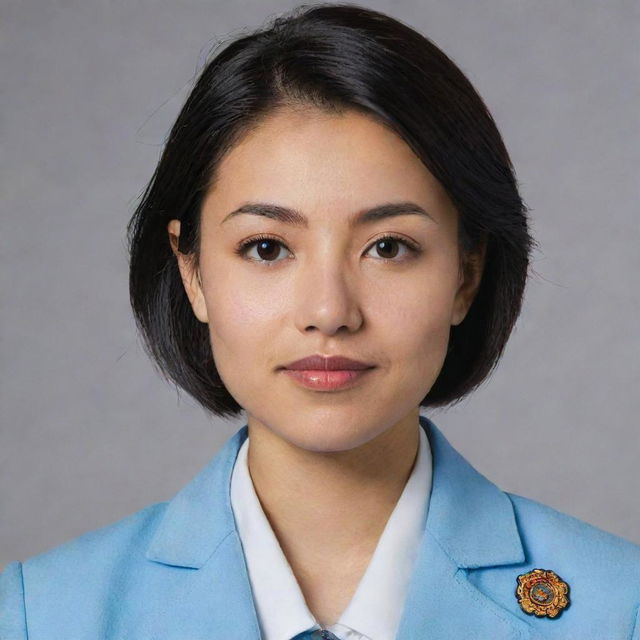 A young woman of average height and build, with a light skin tone, black middle-length hair, and small foxy brown eyes. She has a pointy nose, and features reflecting a mix of Chinese ancestry. She is dressed in a light blue blazer university uniform.