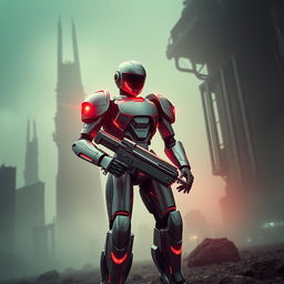 A captivating image of a single robot clad in futuristic, high-tech armor infused with a retro disco aesthetic, positioned in an imposing stance while holding a large rifle