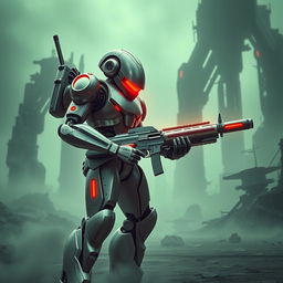 A captivating image of a single robot clad in futuristic, high-tech armor infused with a retro disco aesthetic, positioned in an imposing stance while holding a large rifle