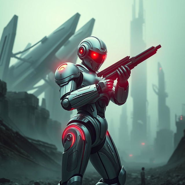 A captivating image of a single robot clad in futuristic, high-tech armor infused with a retro disco aesthetic, positioned in an imposing stance while holding a large rifle