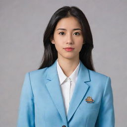 A young woman of average height and build, with a light skin tone, black middle-length hair, and small foxy brown eyes. She has a pointy nose, and features reflecting a mix of Chinese ancestry. She is dressed in a light blue blazer university uniform.