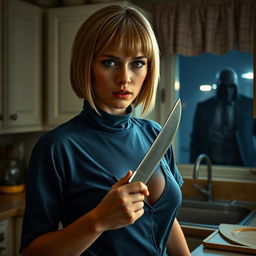 A super realistic scene set in a kitchen featuring a blonde woman with a short Chanel-inspired fringe wearing a high-neck blue pajama