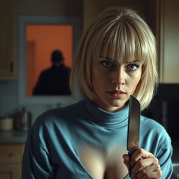 A super realistic scene set in a kitchen featuring a blonde woman with a short Chanel-inspired fringe wearing a high-neck blue pajama