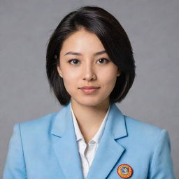 A young woman of average height and build, with a light skin tone, black middle-length hair, and small foxy brown eyes. She has a pointy nose, and features reflecting a mix of Chinese ancestry. She is dressed in a light blue blazer university uniform.