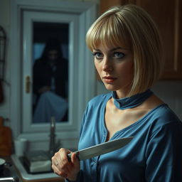 A super realistic scene set in a kitchen featuring a blonde woman with a short Chanel-inspired fringe wearing a high-neck blue pajama