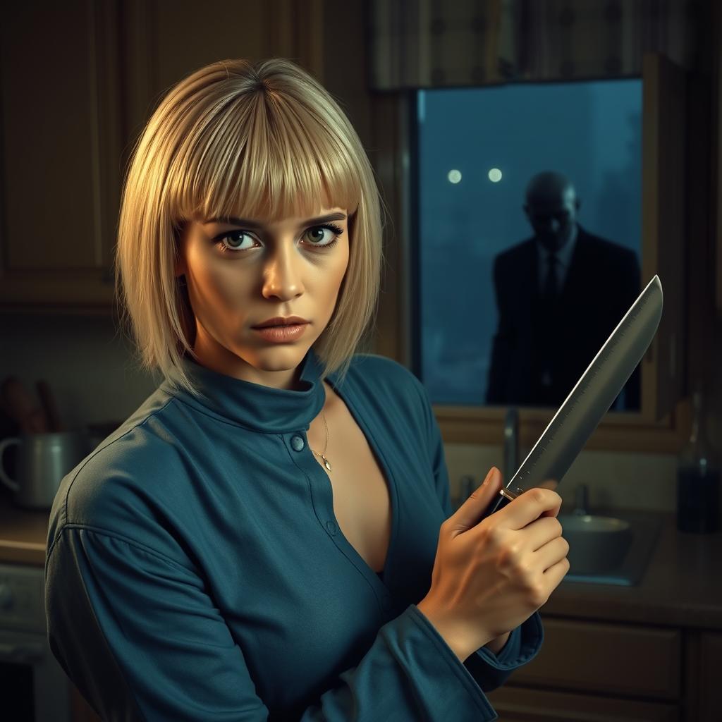 A super realistic scene set in a kitchen featuring a blonde woman with a short Chanel-inspired fringe wearing a high-neck blue pajama