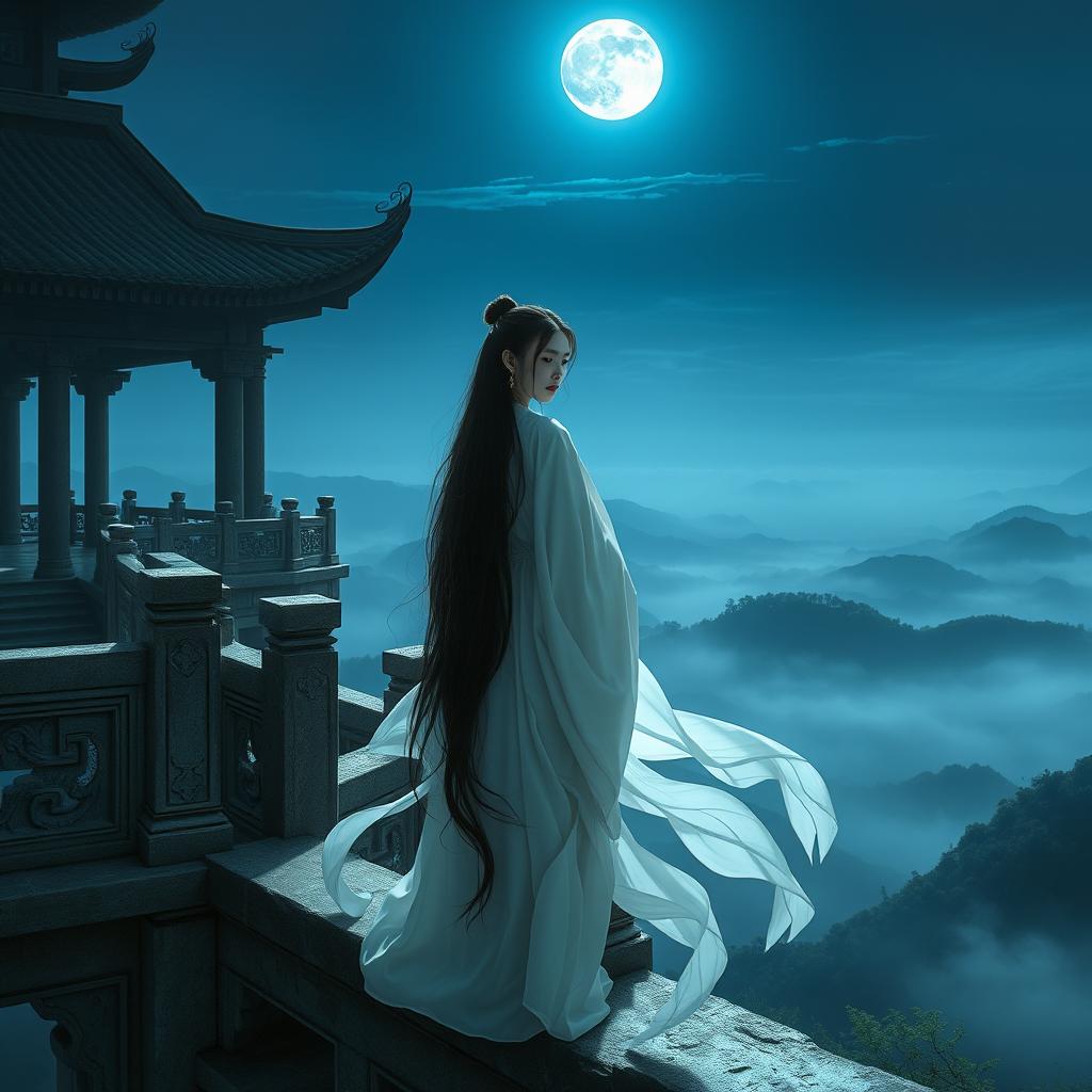 On a serene, moonlit night, Puteri Kayangan Zhuzhu stands atop the ancient Zhuxiantai terrace, a grand and weathered stone structure overlooking a boundless valley shrouded in mystical mists