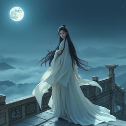 On a serene, moonlit night, Puteri Kayangan Zhuzhu stands atop the ancient Zhuxiantai terrace, a grand and weathered stone structure overlooking a boundless valley shrouded in mystical mists