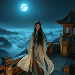 On a serene, moonlit night, Puteri Kayangan Zhuzhu stands atop the ancient Zhuxiantai terrace, a grand and weathered stone structure overlooking a boundless valley shrouded in mystical mists