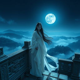 On a serene, moonlit night, Puteri Kayangan Zhuzhu stands atop the ancient Zhuxiantai terrace, a grand and weathered stone structure overlooking a boundless valley shrouded in mystical mists