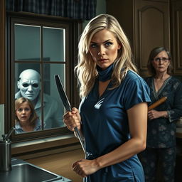 A tense and dramatic scene set in a kitchen, featuring a blonde woman wearing a high-neck blue pajama, holding a knife with a look of determination