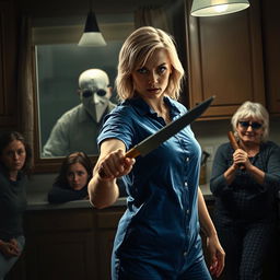 A tense and dramatic scene set in a kitchen, featuring a blonde woman wearing a high-neck blue pajama, holding a knife with a look of determination