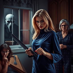 A tense and dramatic scene set in a kitchen, featuring a blonde woman wearing a high-neck blue pajama, holding a knife with a look of determination