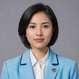 A young woman of average height and build, with a light skin tone, black middle-length hair, and small foxy brown eyes. She has a pointy nose, and features reflecting a mix of Chinese ancestry. She is dressed in a light blue blazer university uniform.