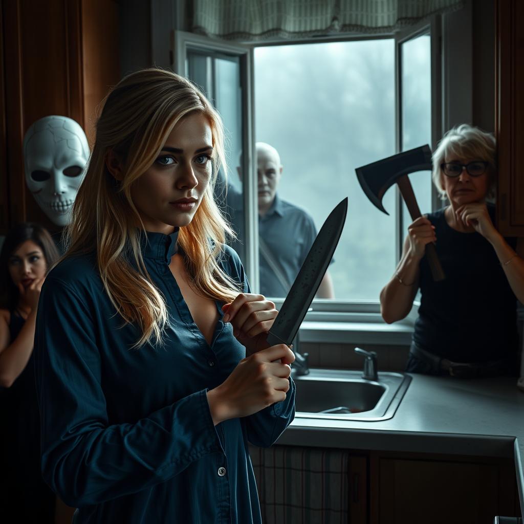 A tense and dramatic scene set in a kitchen, featuring a blonde woman wearing a high-neck blue pajama, holding a knife with a look of determination