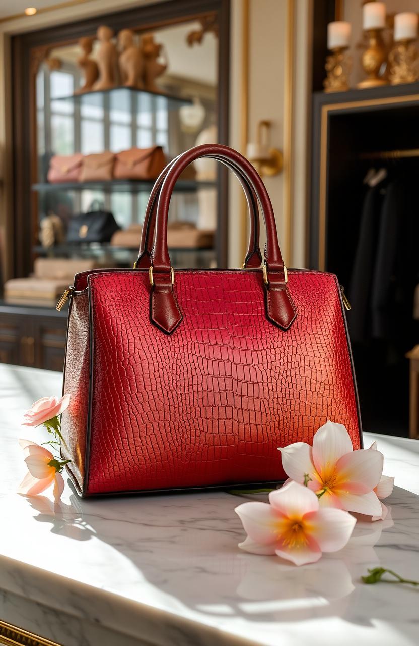 A stunning and luxurious exotic leather handbag placed elegantly on a marble countertop