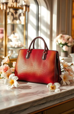 A stunning and luxurious exotic leather handbag placed elegantly on a marble countertop