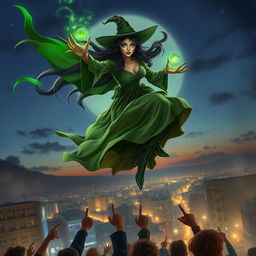 A captivating scene of a witch soaring gracefully over a cityscape at twilight