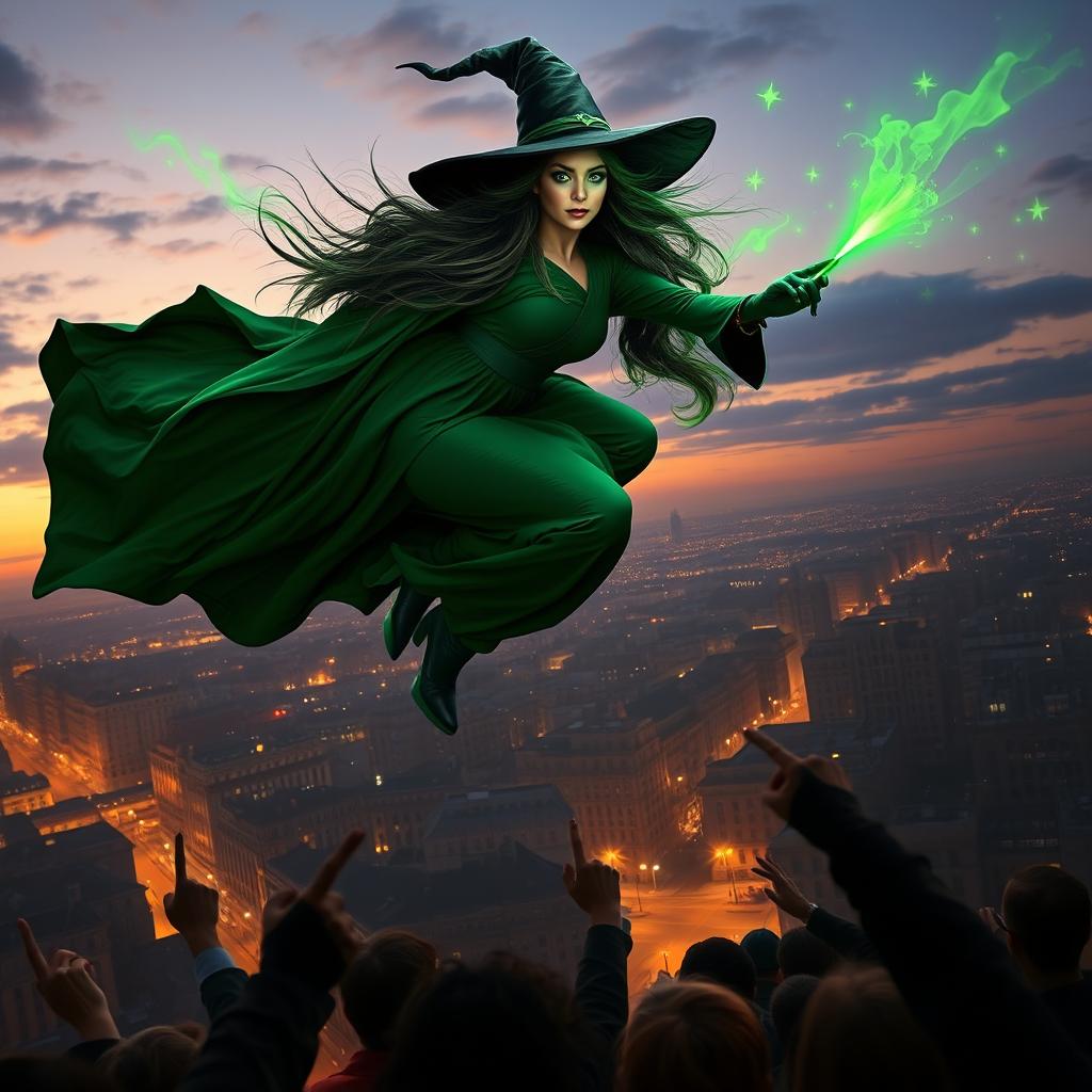 A captivating scene of a witch soaring gracefully over a cityscape at twilight