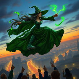 A captivating scene of a witch soaring gracefully over a cityscape at twilight