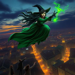 A captivating scene of a witch soaring gracefully over a cityscape at twilight