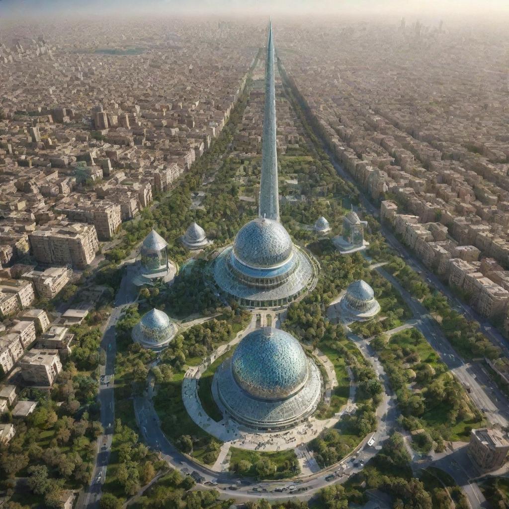 A futuristic vision of Iran 100 years in the future, a blend of its proud ancient culture and advanced technology. Centuries-old architecture coexists with towering skyscrapers, flying cars navigate the sky, and lush green parks dot the bustling cityscape.