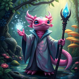 A mystical axolotl mage standing in a vibrant enchanted forest, adorned in a flowing, iridescent robe covered with intricate patterns of aquatic plants