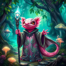 A mystical axolotl mage standing in a vibrant enchanted forest, adorned in a flowing, iridescent robe covered with intricate patterns of aquatic plants