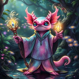 A mystical axolotl mage standing in a vibrant enchanted forest, adorned in a flowing, iridescent robe covered with intricate patterns of aquatic plants