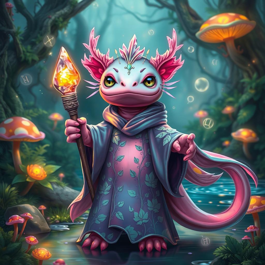 A mystical axolotl mage standing in a vibrant enchanted forest, adorned in a flowing, iridescent robe covered with intricate patterns of aquatic plants