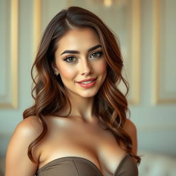 A full body professional quality photo of a sexy, beautiful Caucasian woman, 20 years old, with pale skin, long wavy brown hair cascading down her shoulders, big dark eyes sparkling with allure, and full lips slightly parted in a captivating smile