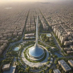 A futuristic vision of Iran 100 years in the future, a blend of its proud ancient culture and advanced technology. Centuries-old architecture coexists with towering skyscrapers, flying cars navigate the sky, and lush green parks dot the bustling cityscape.