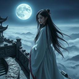 In a serene, moonlit night, Zhangyi stands atop the ancient Guizhuo terrace, a grand and weathered structure overlooking a boundless valley shrouded in mystical mists