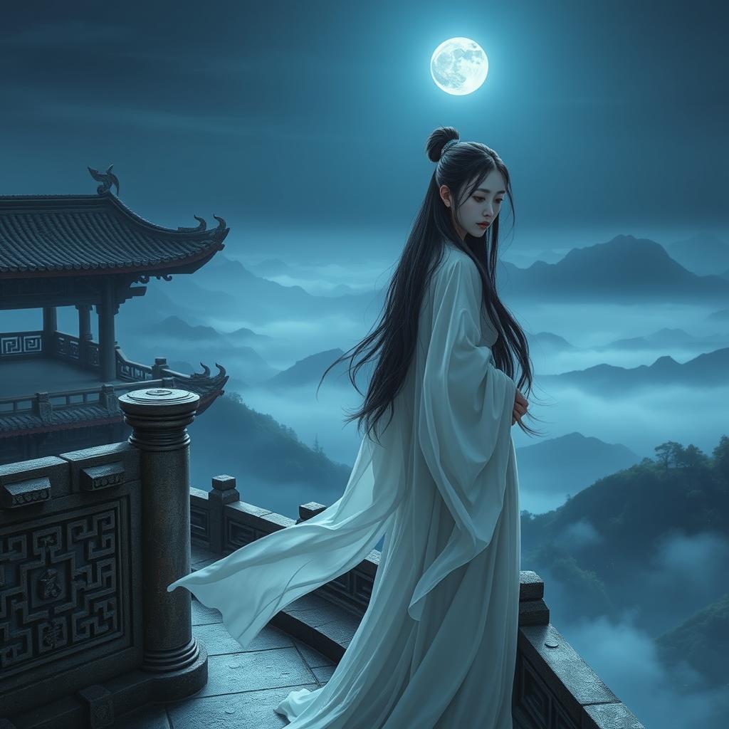 In a serene, moonlit night, Zhangyi stands atop the ancient Guizhuo terrace, a grand and weathered structure overlooking a boundless valley shrouded in mystical mists