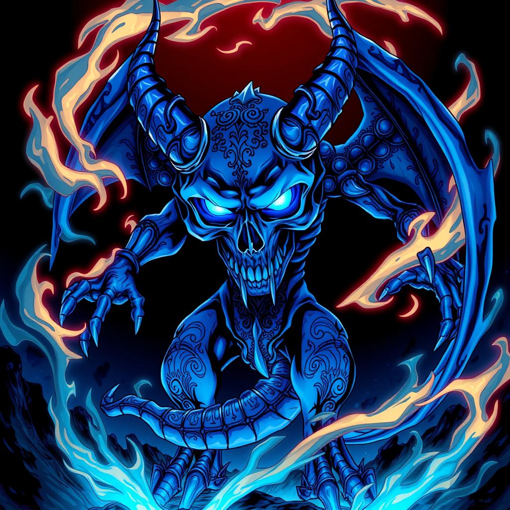 A striking anime-style illustration of a blue demon with a skull for a face