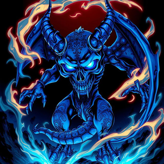 A striking anime-style illustration of a blue demon with a skull for a face