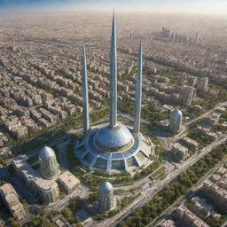 A futuristic vision of Iran 100 years in the future, a blend of its proud ancient culture and advanced technology. Centuries-old architecture coexists with towering skyscrapers, flying cars navigate the sky, and lush green parks dot the bustling cityscape.