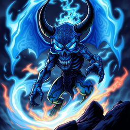 A striking anime-style illustration of a blue demon with a skull for a face