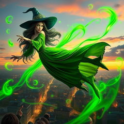 A stunningly realistic scene of a witch flying majestically over a city at twilight